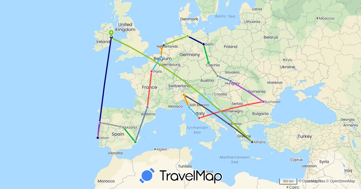 TravelMap itinerary: driving, bus, plane, cycling, train, hiking, boat, hitchhiking, motorbike, electric vehicle in Austria, Belgium, Czech Republic, Germany, Spain, France, Greece, Hungary, Ireland, Italy, Netherlands, Portugal, Romania (Europe)